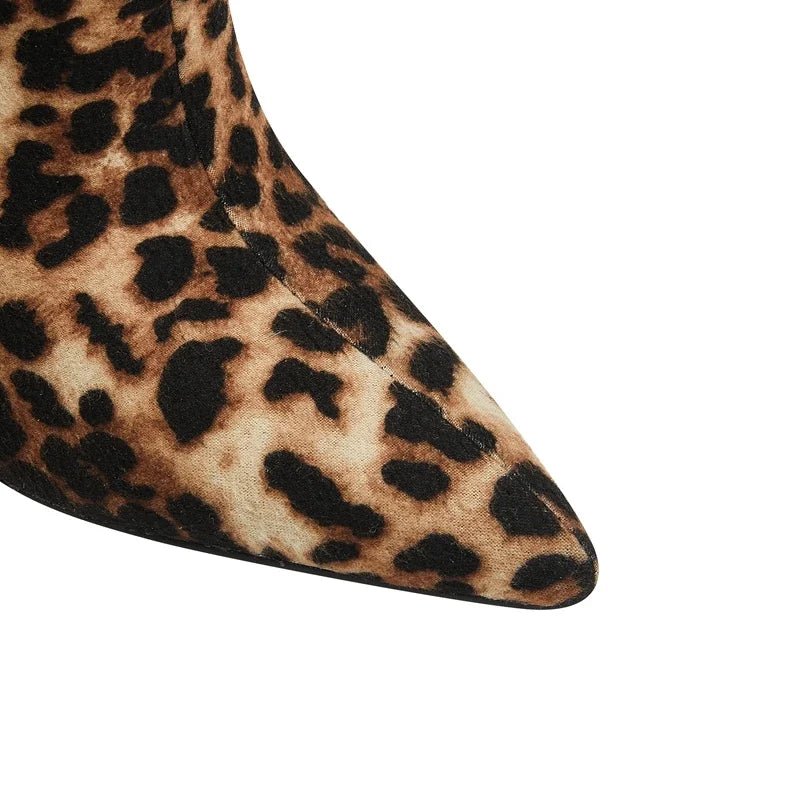 Kaky's Leopard Print Pointed Toe High Heel Wolf Teeth Slope Heel Large Women's Boots