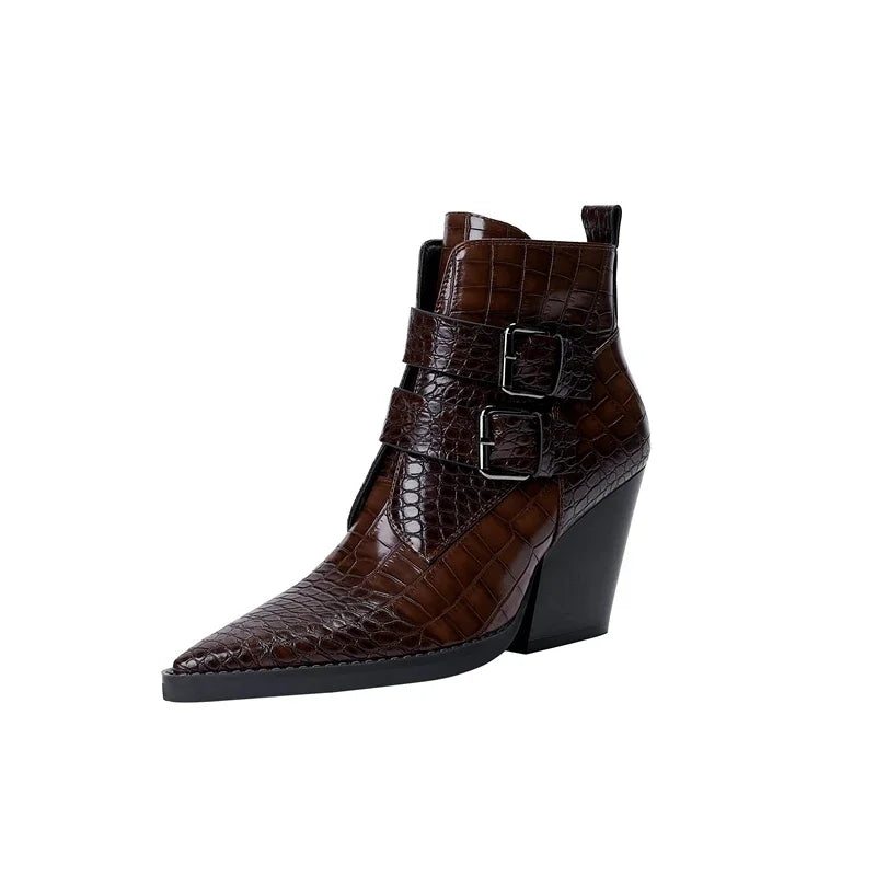 Kaky's Pointed Belt Buckle Thick High Heels Large Women's Boots