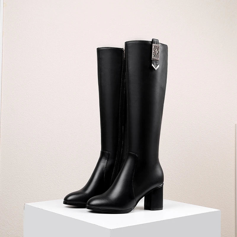 Leather Cowhide High Heels Large Women's Boots