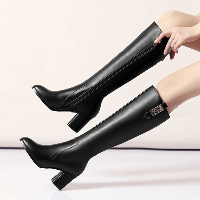 Leather Cowhide High Heels Large Women's Boots