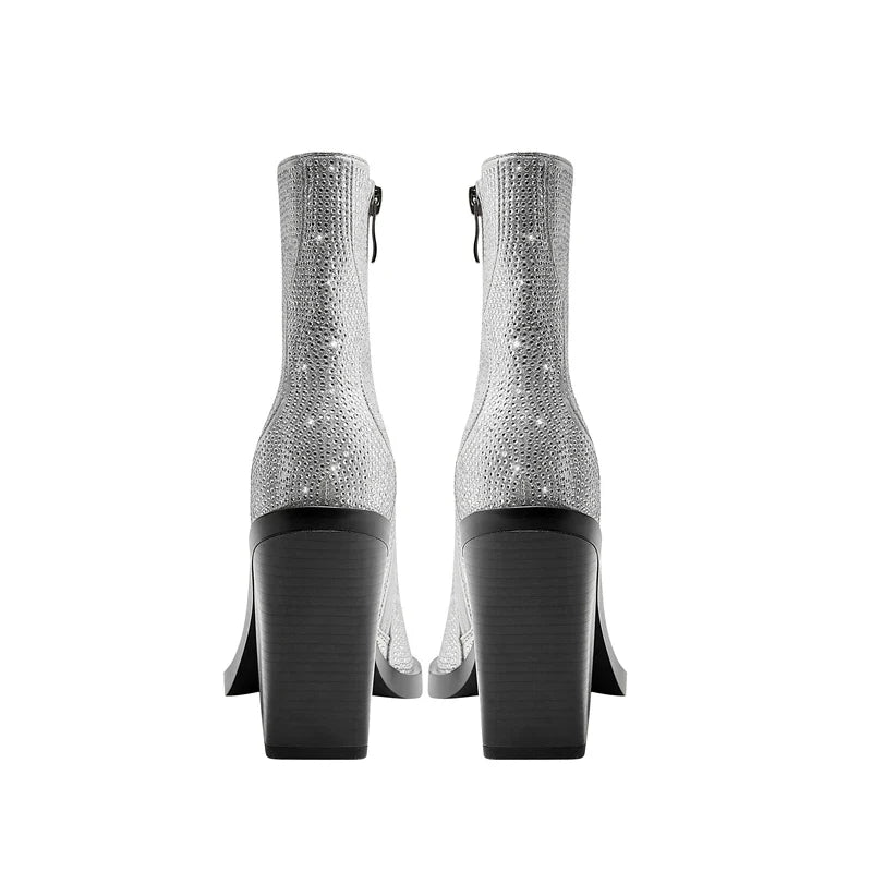 Kaky's Pointed Rhinestone Thick High Heels Large Women's Boots