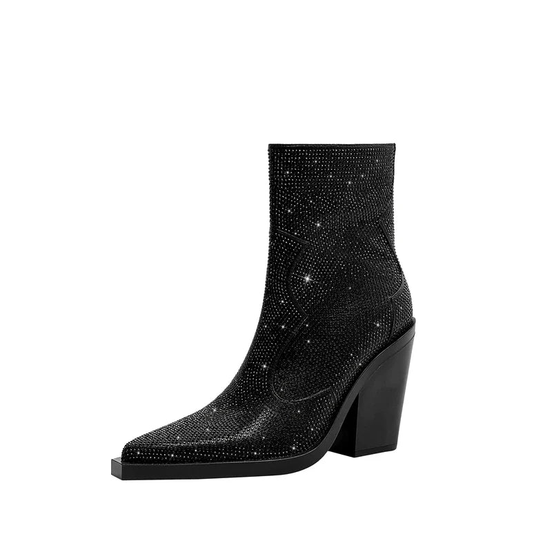 Kaky's Pointed Rhinestone Thick High Heels Large Women's Boots