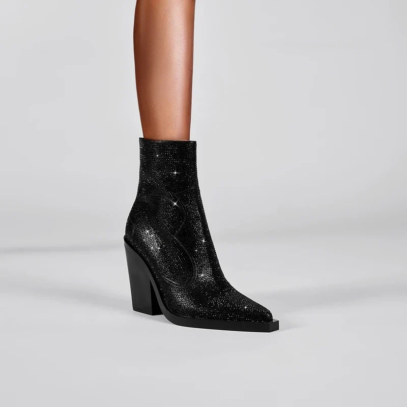 Kaky's Pointed Rhinestone Thick High Heels Large Women's Boots