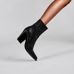 Kaky's Pointed Rhinestone Thick High Heels Large Women's Boots