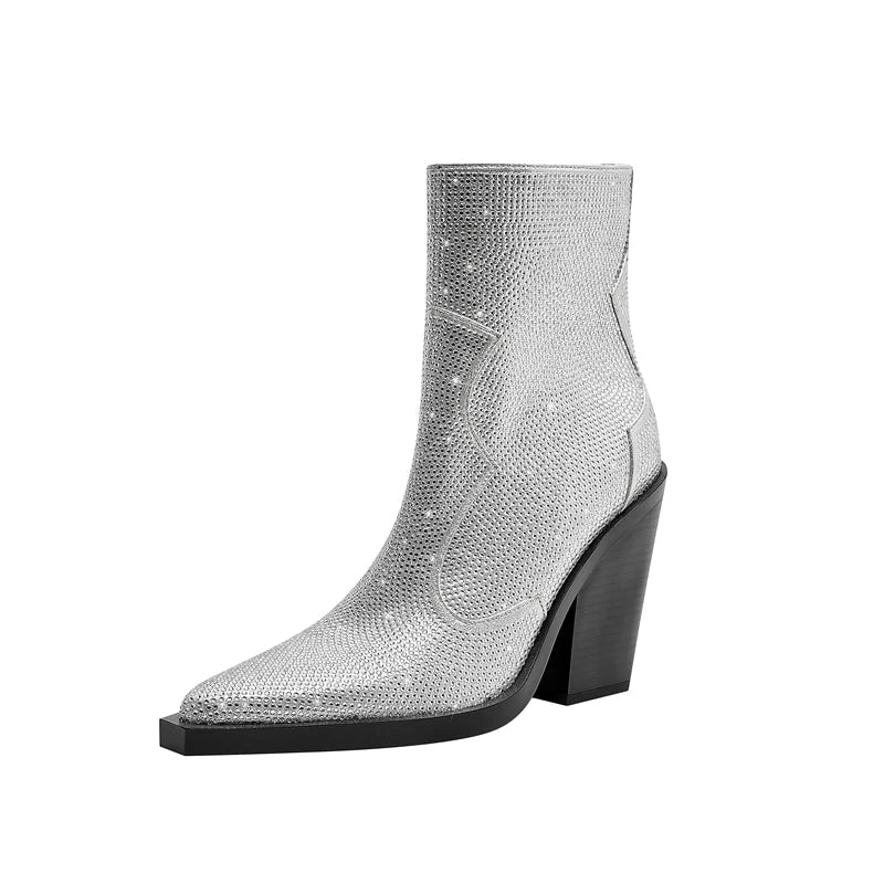 Kaky's Pointed Rhinestone Thick High Heels Large Women's Boots