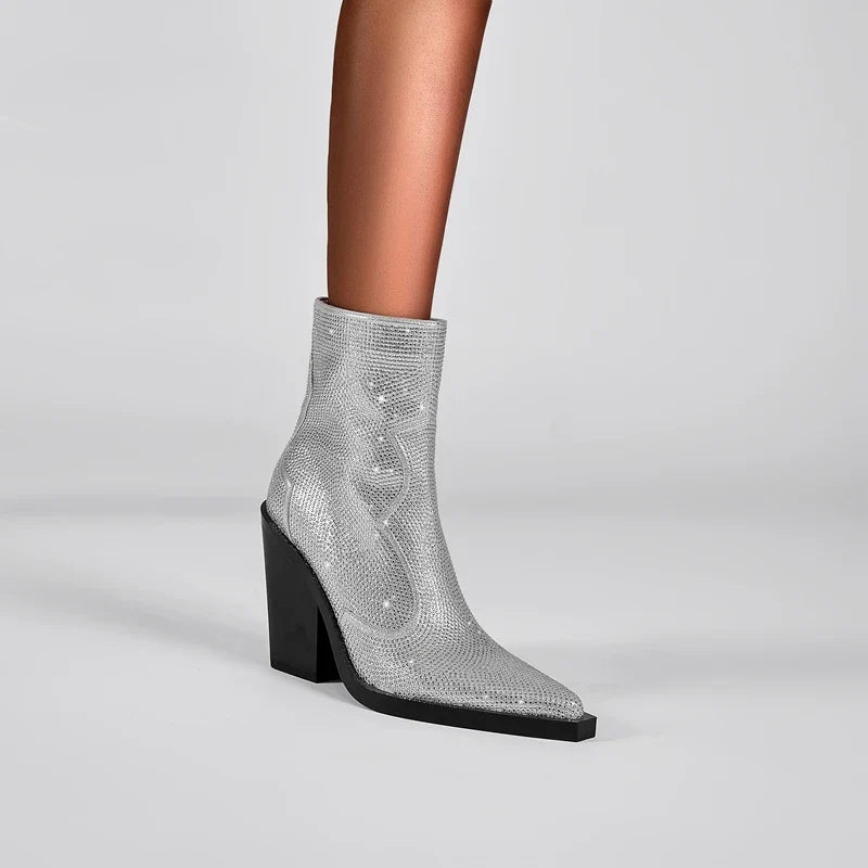 Kaky's Pointed Rhinestone Thick High Heels Large Women's Boots