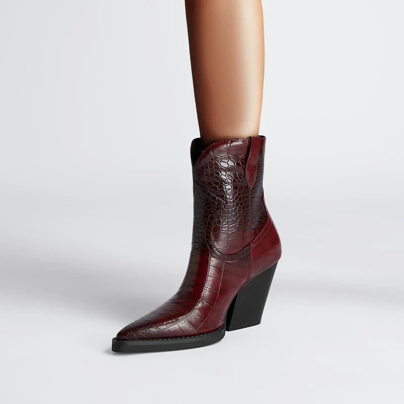 Kaky's Pointed Stone Pattern Thick High Heels Large Women's Boots
