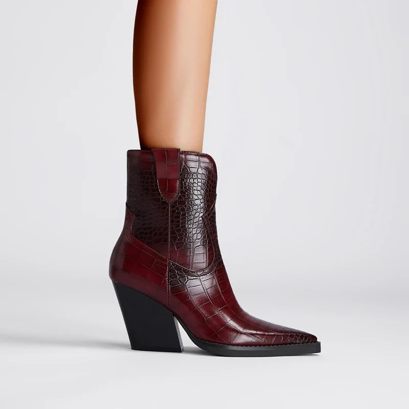 Kaky's Pointed Stone Pattern Thick High Heels Large Women's Boots