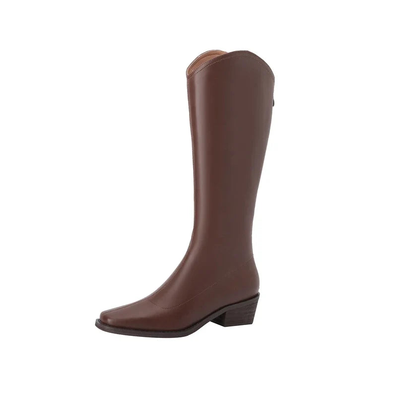 Kaky's Square Head Cowhide Mid Heel Genuine Leather Cowhide Women's Boots