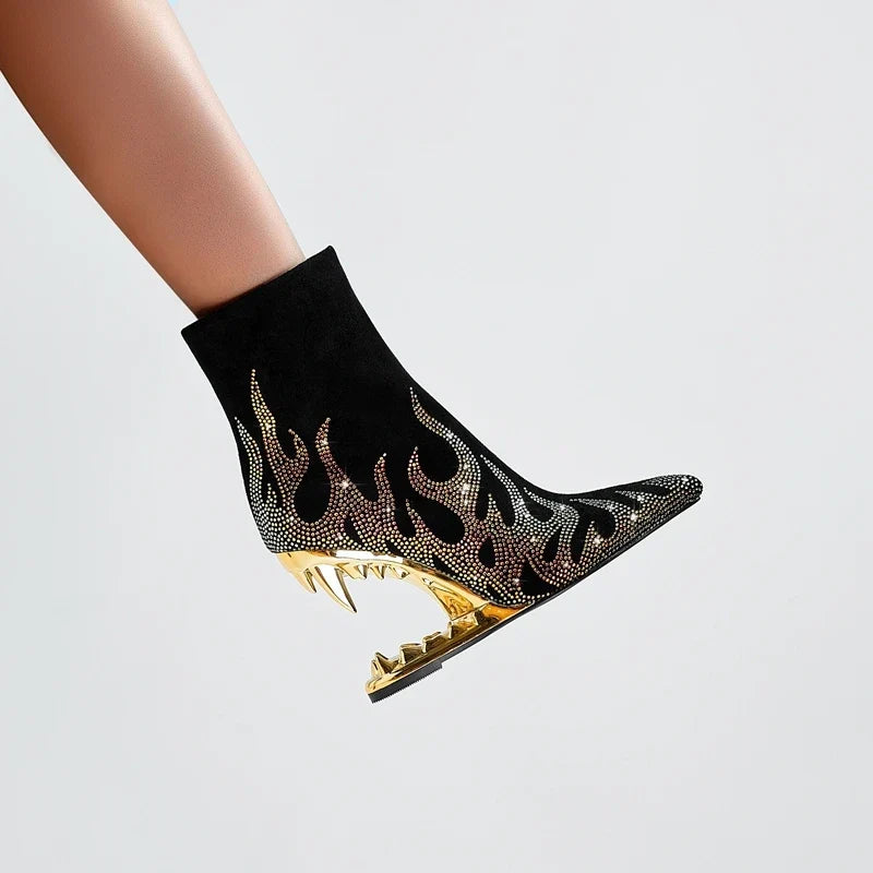 Kaky's Water Diamond Flame Pointed Super High Heel Shaped Heel Wolf Teeth Tiger Teeth Women's Short Boots