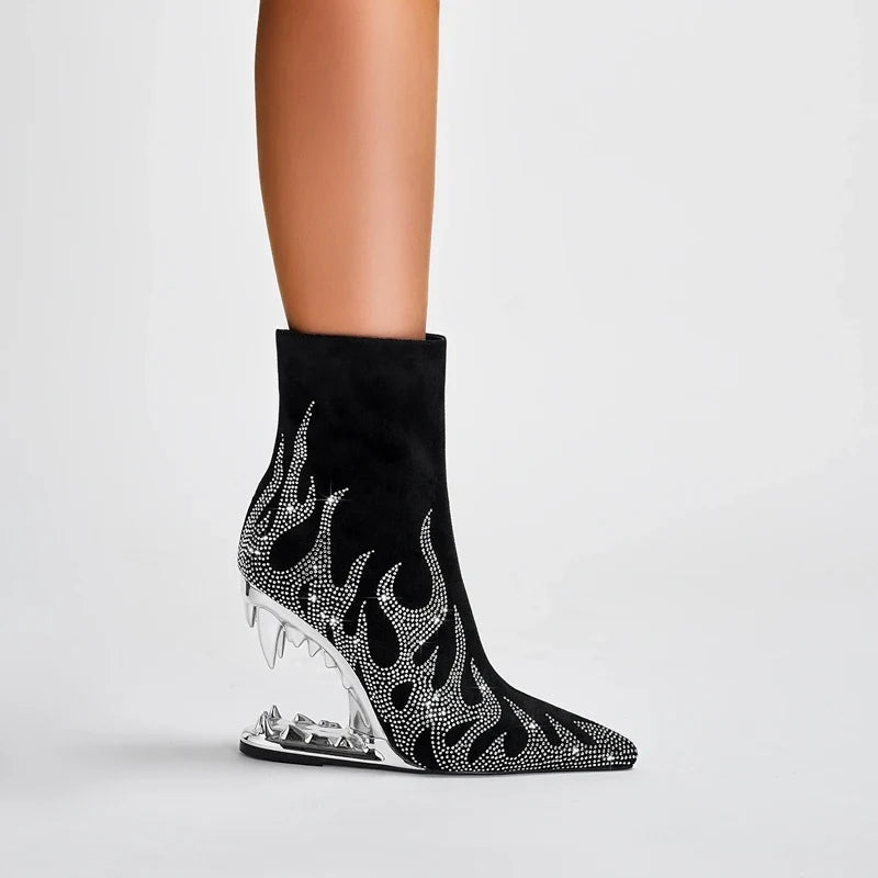 Kaky's Water Diamond Flame Pointed Super High Heel Shaped Heel Wolf Teeth Tiger Teeth Women's Short Boots