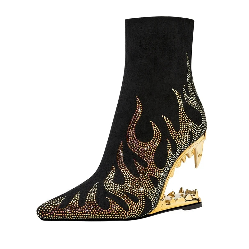 Kaky's Water Diamond Flame Pointed Super High Heel Shaped Heel Wolf Teeth Tiger Teeth Women's Short Boots