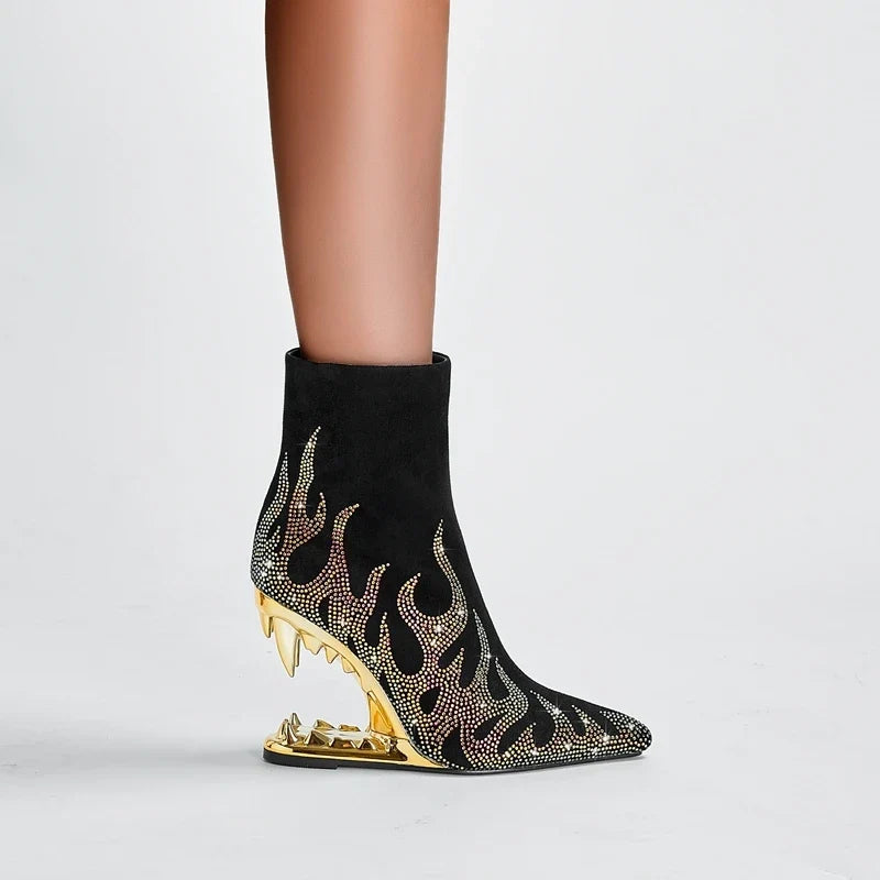 Kaky's Water Diamond Flame Pointed Super High Heel Shaped Heel Wolf Teeth Tiger Teeth Women's Short Boots