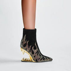 Kaky's Water Diamond Flame Pointed Super High Heel Shaped Heel Wolf Teeth Tiger Teeth Women's Short Boots