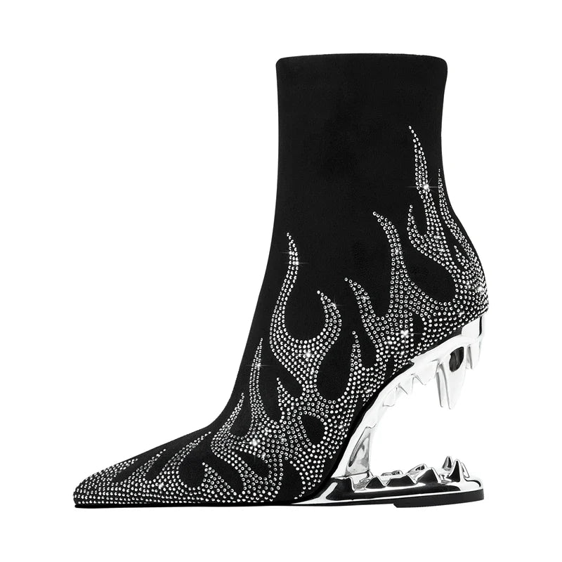 Kaky's Water Diamond Flame Pointed Super High Heel Shaped Heel Wolf Teeth Tiger Teeth Women's Short Boots