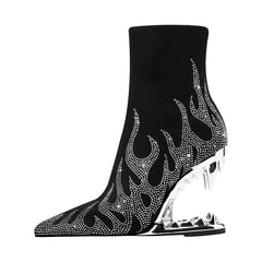 Kaky's Water Diamond Flame Pointed Super High Heel Shaped Heel Wolf Teeth Tiger Teeth Women's Short Boots