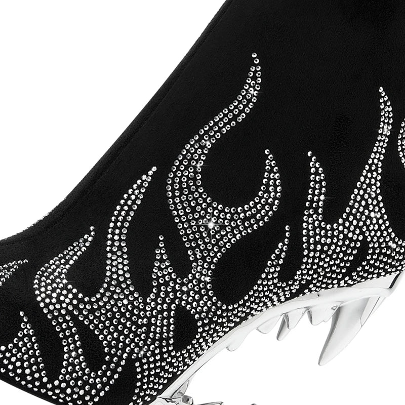 Kaky's Water Diamond Flame Pointed Super High Heel Shaped Heel Wolf Teeth Tiger Teeth Women's Short Boots