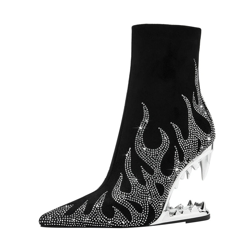 Kaky's Water Diamond Flame Pointed Super High Heel Shaped Heel Wolf Teeth Tiger Teeth Women's Short Boots