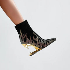 Kaky's Water Diamond Flame Pointed Super High Heel Shaped Heel Wolf Teeth Tiger Teeth Women's Short Boots