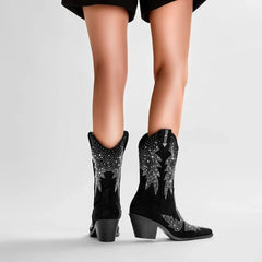 Kaky's Water Diamond Maple Leaf Thick High Heel Pointed Large Women's Boots