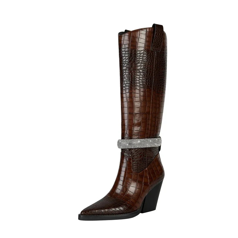 Kaky's Water Diamond Pointed Thick High Heels Oversized Women's Boots