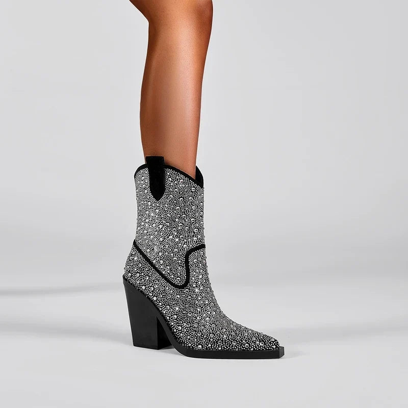 Kaky's Water Diamond Super High Heel Thick Heel Pointed Women's Short Boots