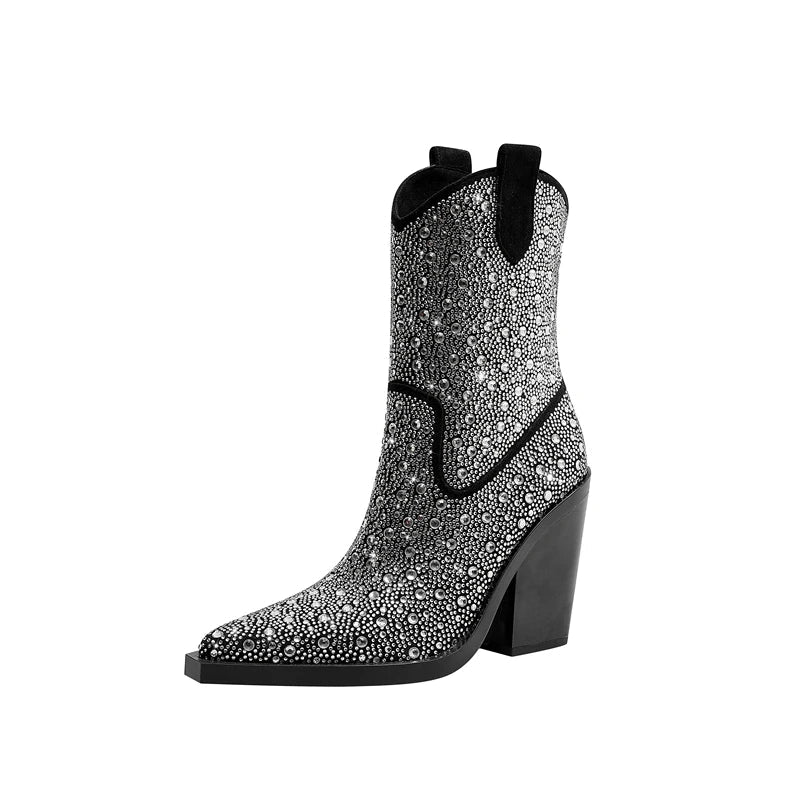 Kaky's Water Diamond Super High Heel Thick Heel Pointed Women's Short Boots