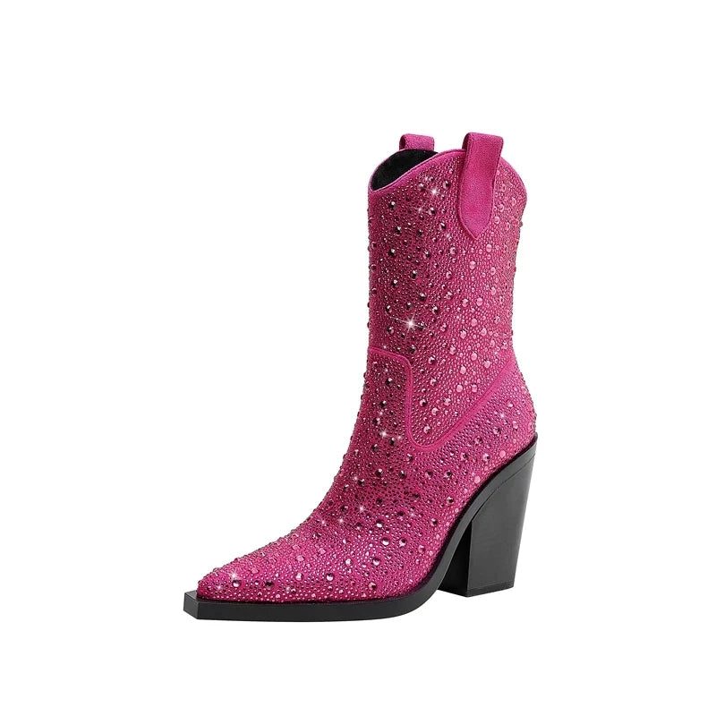 Kaky's Water Diamond Super High Heel Thick Heel Pointed Women's Short Boots
