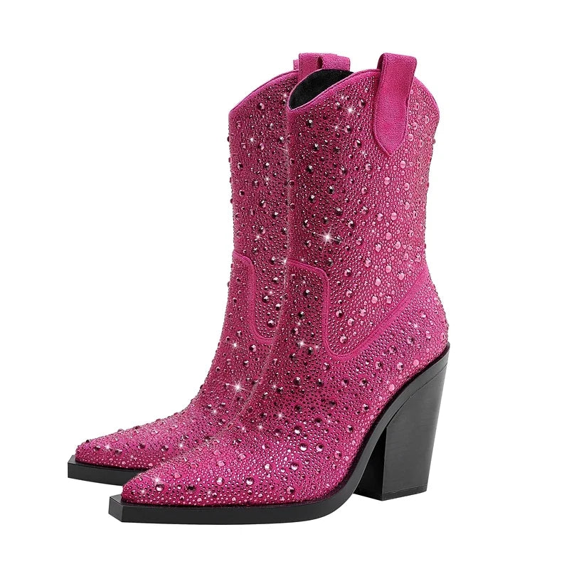 Kaky's Water Diamond Super High Heel Thick Heel Pointed Women's Short Boots