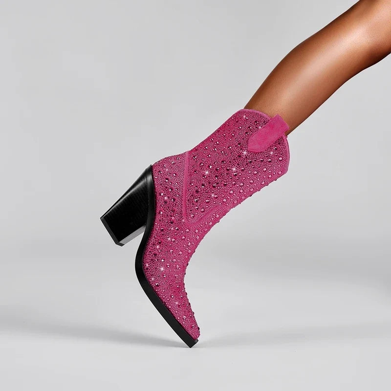 Kaky's Water Diamond Super High Heel Thick Heel Pointed Women's Short Boots
