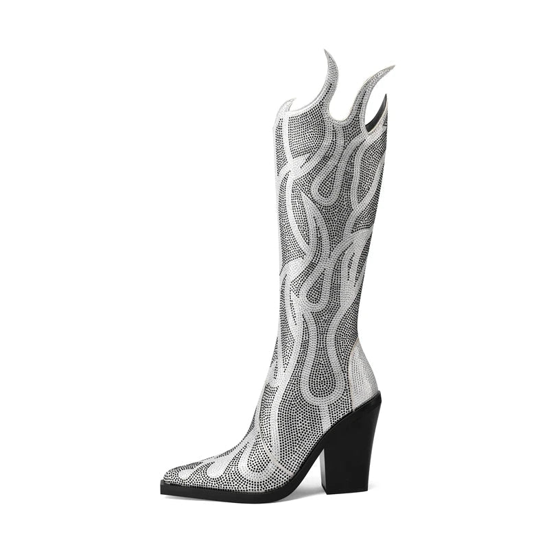 Kaky's pointed flame rhinestone oversized high heeled women's boots