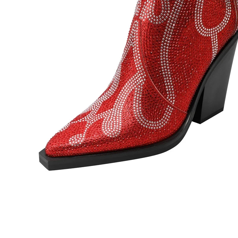 Kaky's pointed flame rhinestone oversized high heeled women's boots