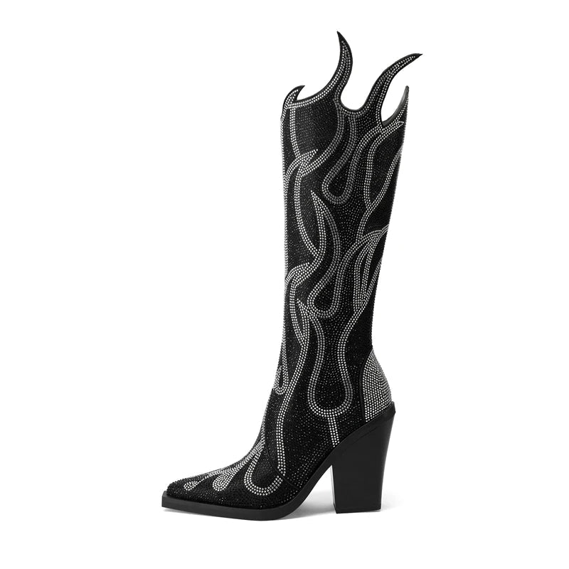 Kaky's pointed flame rhinestone oversized high heeled women's boots
