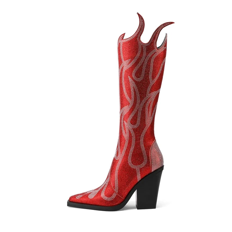 Kaky's pointed flame rhinestone oversized high heeled women's boots