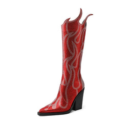 Kaky's pointed flame rhinestone oversized high heeled women's boots