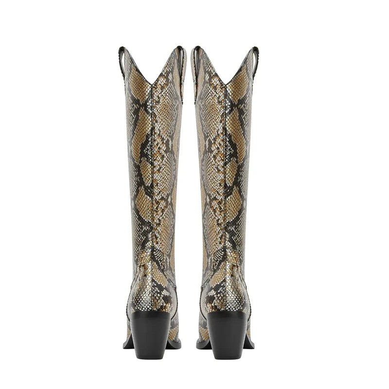 Kaky's pointed python patterned oversized high heeled women's boots
