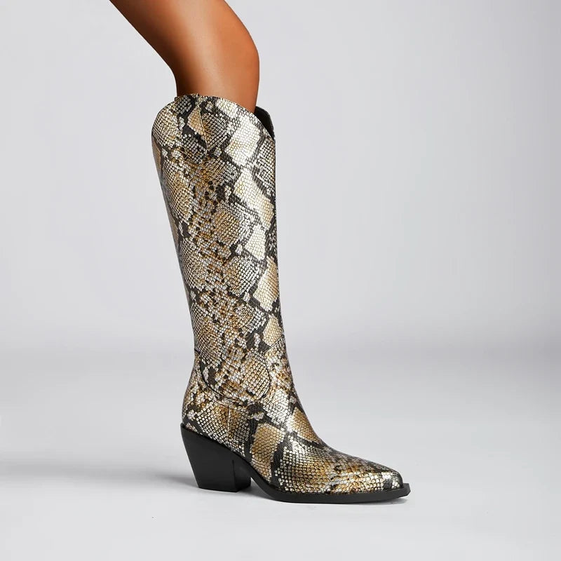 Kaky's pointed python patterned oversized high heeled women's boots