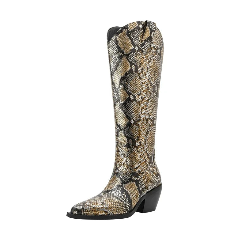 Kaky's pointed python patterned oversized high heeled women's boots