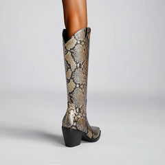 Kaky's pointed python patterned oversized high heeled women's boots