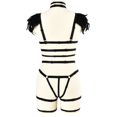 Latina Sexy Black Lingerie Set Sexiest Strappy Harness Lingerie Feather Bra Panties