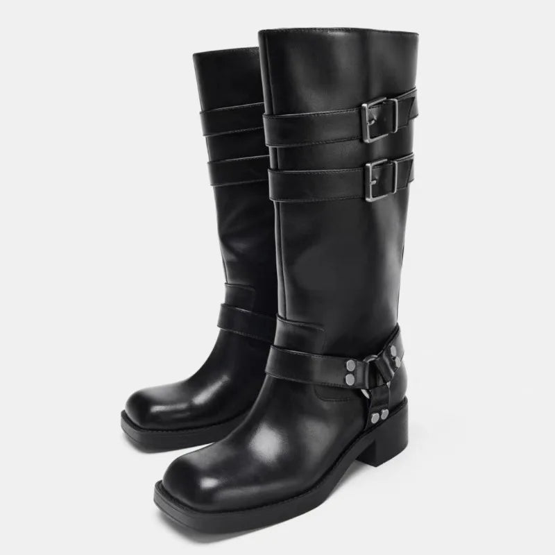Metal Rivet Punk Women Knee High Boots