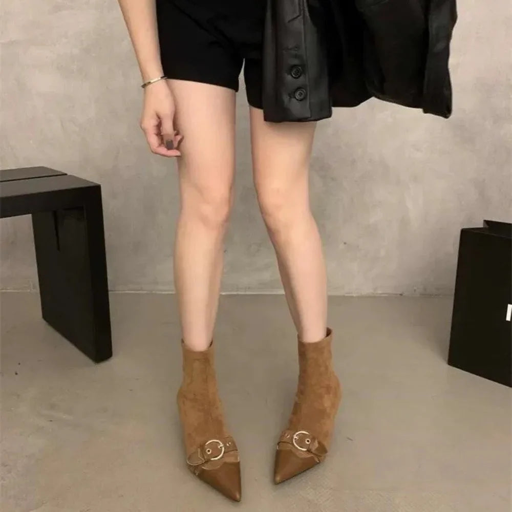 Design Belt Buckle Ankle Boot Women Pointed Toe Zipper Thin Low Heels Banquet Party Female Shoes