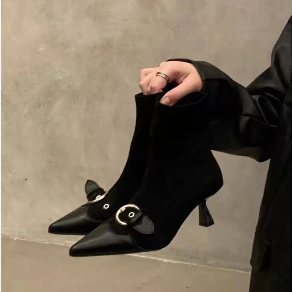 Design Belt Buckle Ankle Boot Women Pointed Toe Zipper Thin Low Heels Banquet Party Female Shoes