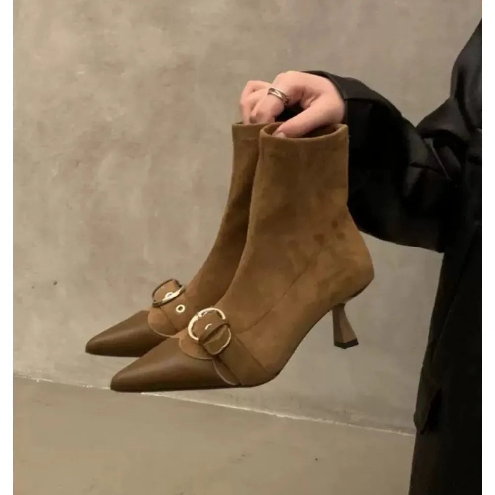 Design Belt Buckle Ankle Boot Women Pointed Toe Zipper Thin Low Heels Banquet Party Female Shoes