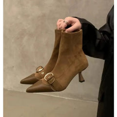Design Belt Buckle Ankle Boot Women Pointed Toe Zipper Thin Low Heels Banquet Party Female Shoes