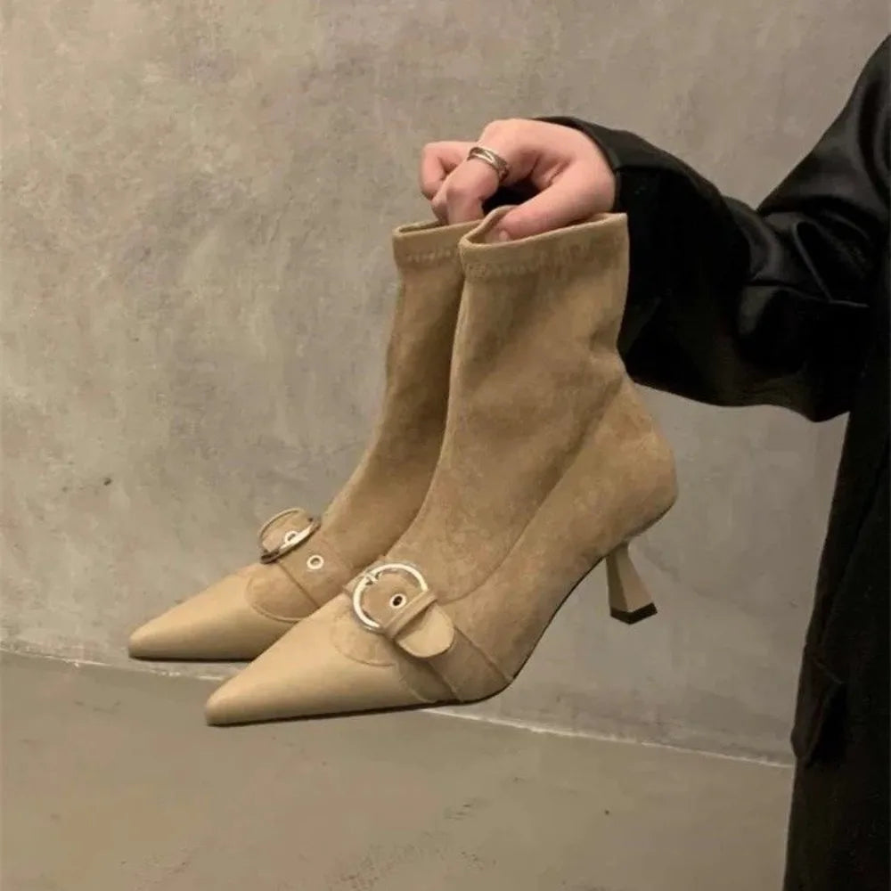 Design Belt Buckle Ankle Boot Women Pointed Toe Zipper Thin Low Heels Banquet Party Female Shoes