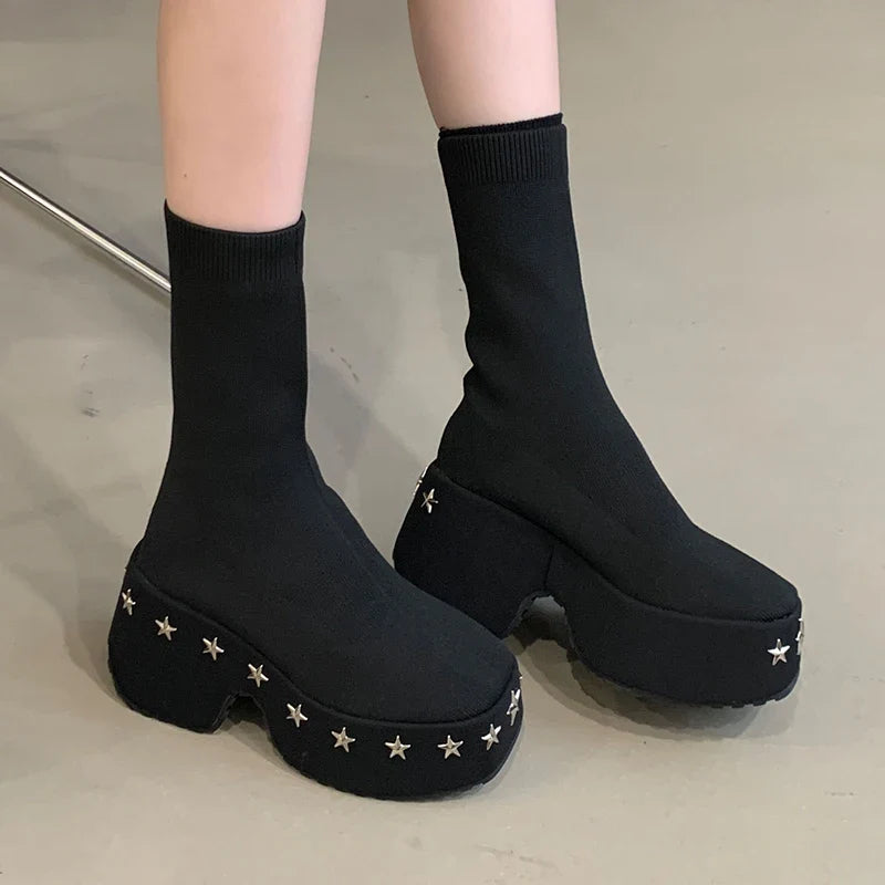 Thick-soled Platform Heel Riveted  Ankle Boot Punk-style Women's Fall-winter Stretch Short Boots