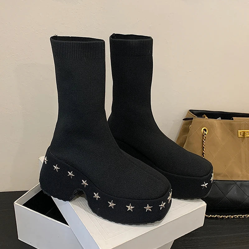 Thick-soled Platform Heel Riveted  Ankle Boot Punk-style Women's Fall-winter Stretch Short Boots