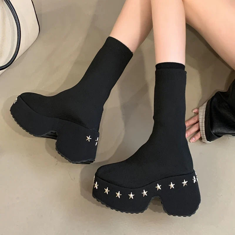 Thick-soled Platform Heel Riveted  Ankle Boot Punk-style Women's Fall-winter Stretch Short Boots