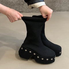 Thick-soled Platform Heel Riveted  Ankle Boot Punk-style Women's Fall-winter Stretch Short Boots